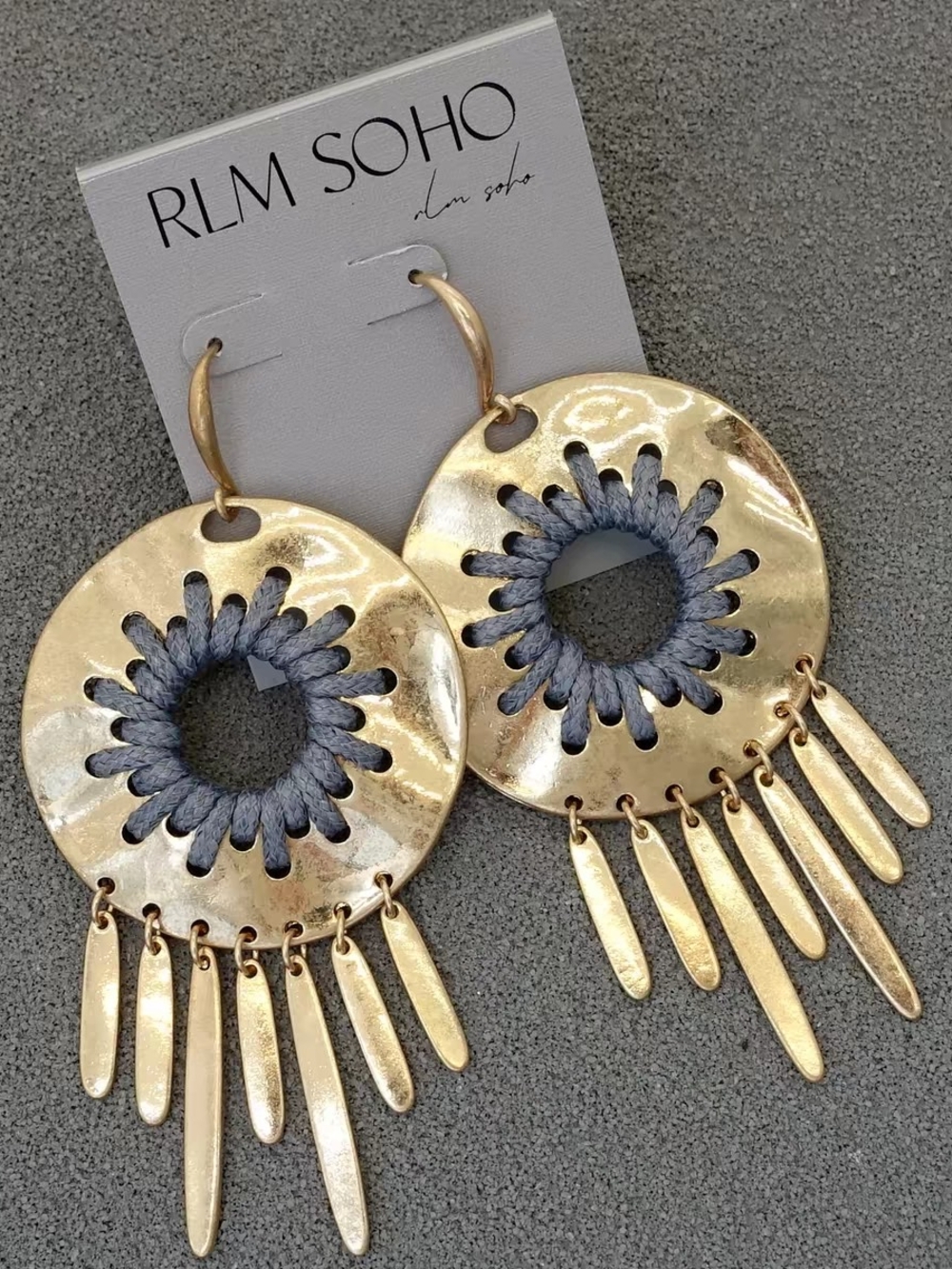 RLM SOHO Gold Hoop Fringe Earrings with Blue Thread Detail